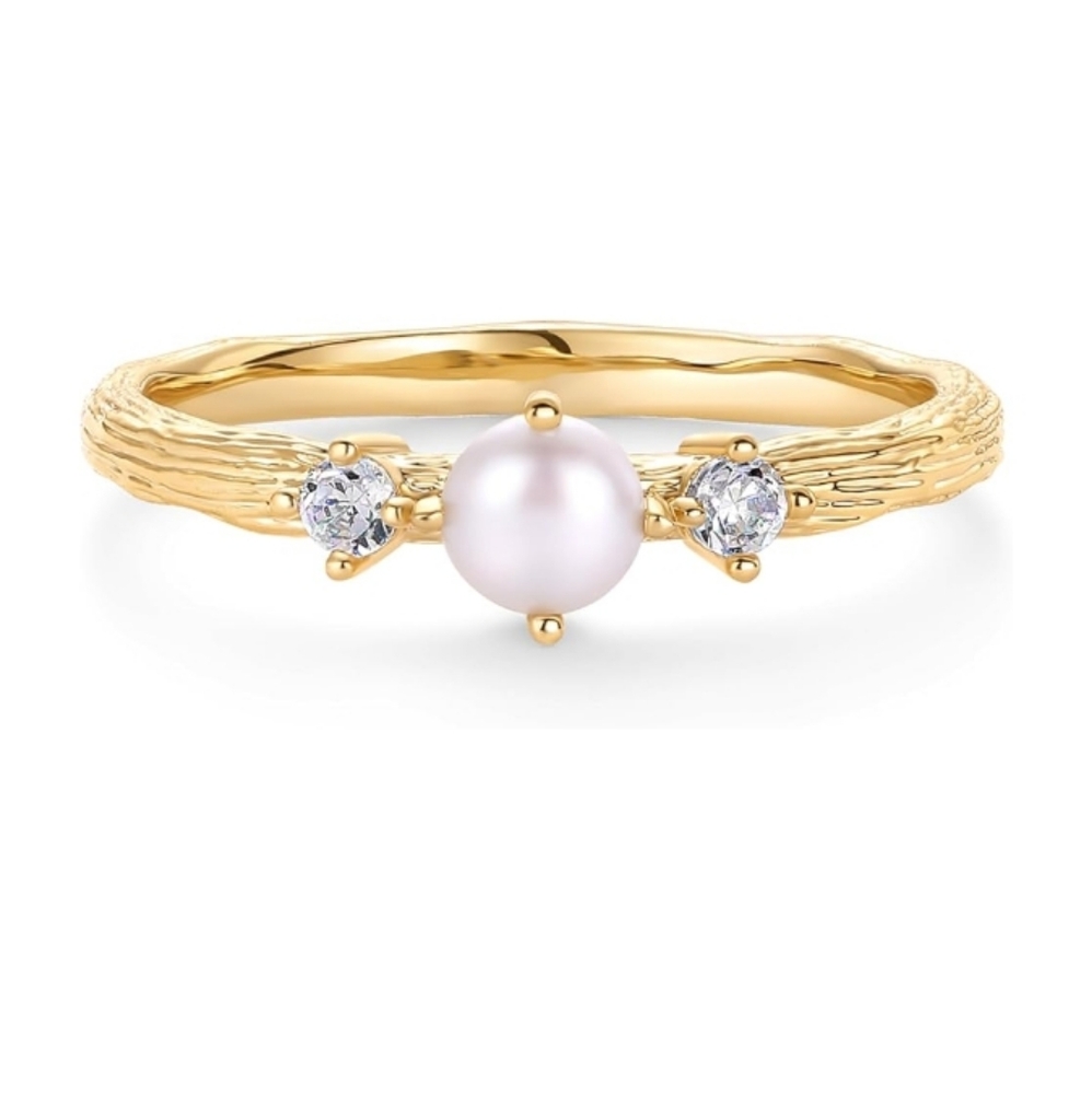 14K Gold Plated Pearl Hammered Dainty Elegant Stackable CZ Thin Ring - Picture 2 of 5